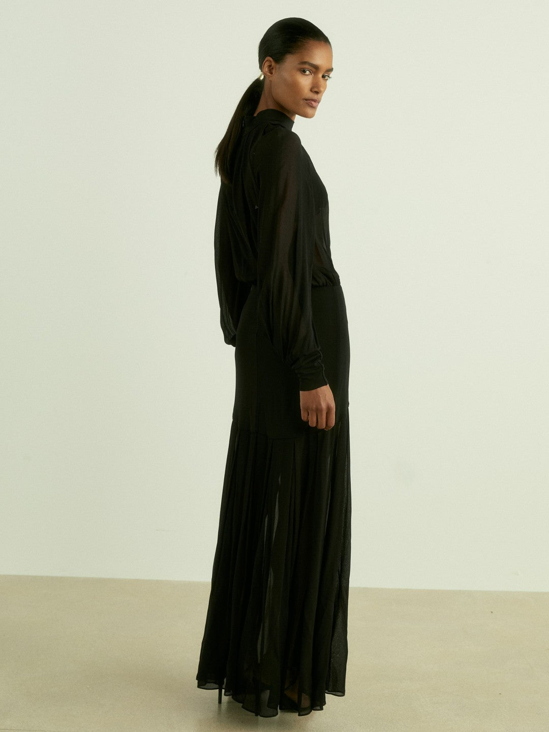 Sheer Jersey Gathered Maxi Dress in Black | Reiss Women Exclusive