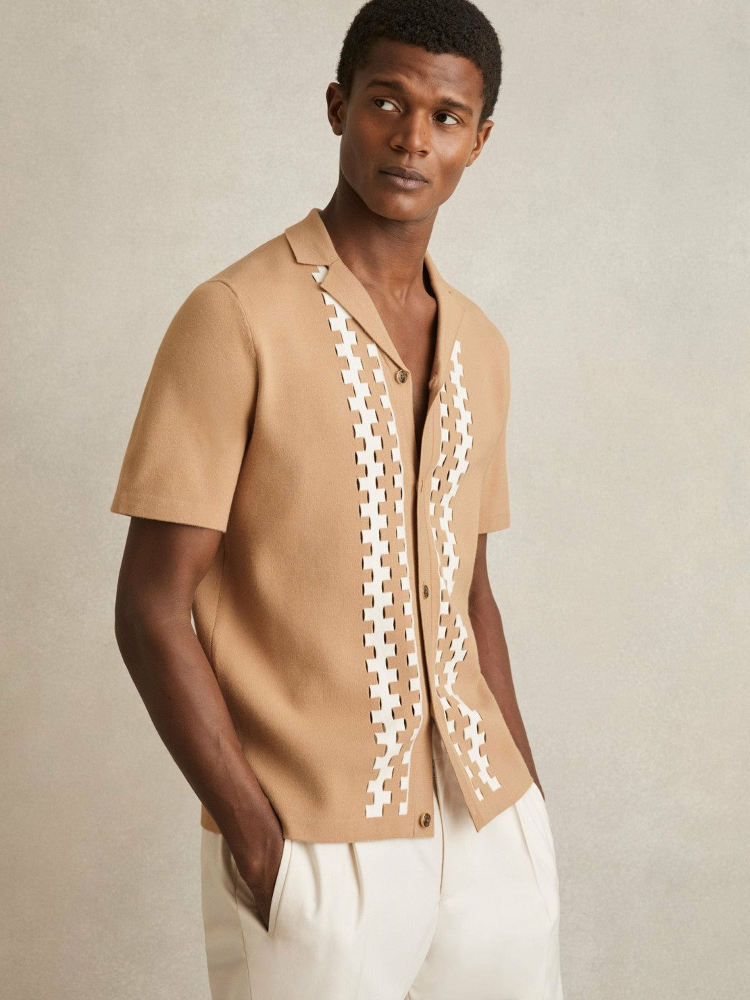 Geometric Cuban-Collar Knit Shirt in Camel/Off White | Reiss Men Popular