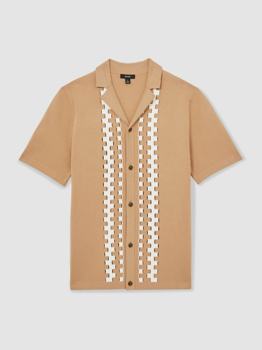 Geometric Cuban-Collar Knit Shirt in Camel/Off White | Reiss Men Popular