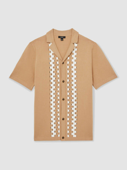 Geometric Cuban-Collar Knit Shirt in Camel/Off White | Reiss Men Popular