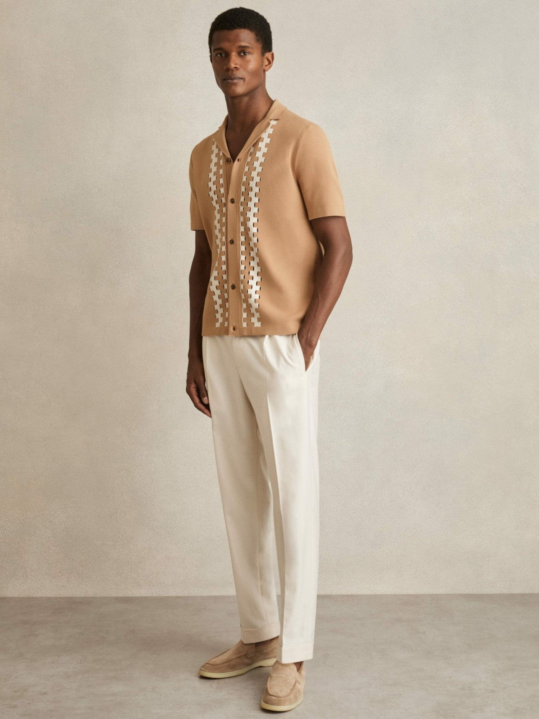 Geometric Cuban-Collar Knit Shirt in Camel/Off White | Reiss Men Popular