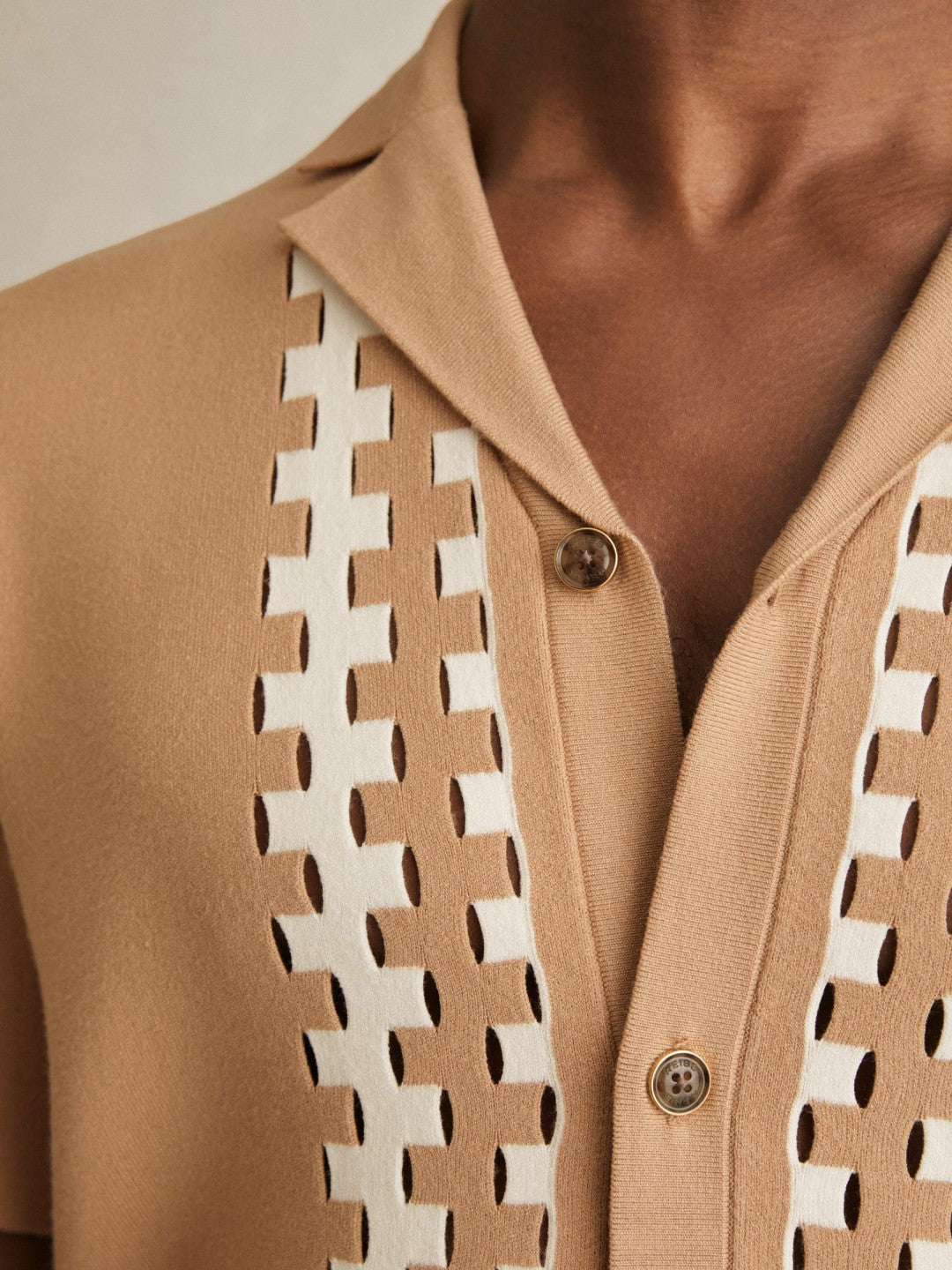 Geometric Cuban-Collar Knit Shirt in Camel/Off White | Reiss Men Popular