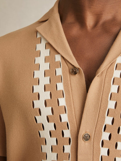 Geometric Cuban-Collar Knit Shirt in Camel/Off White | Reiss Men Popular