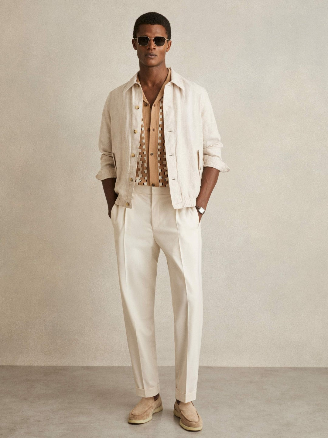 Geometric Cuban-Collar Knit Shirt in Camel/Off White | Reiss Men Popular