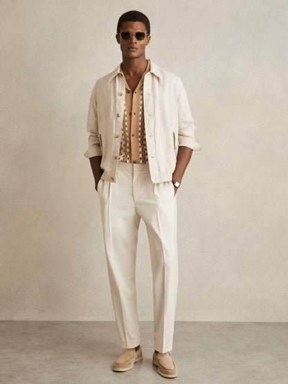 Geometric Cuban-Collar Knit Shirt in Camel/Off White | Reiss Men Popular