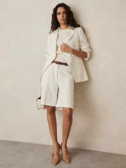Petite Linen-Blend Bermuda Shorts in White | Reiss Women Featured
