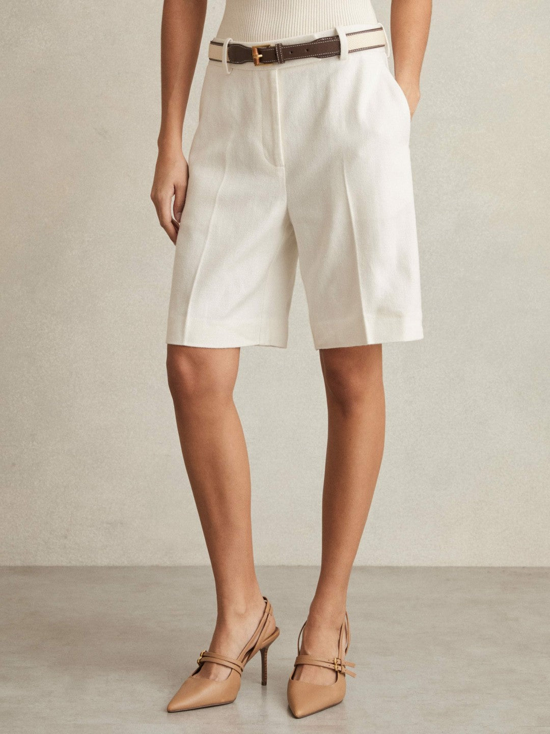 Linen-Blend Bermuda Shorts in White | Reiss Women Popular