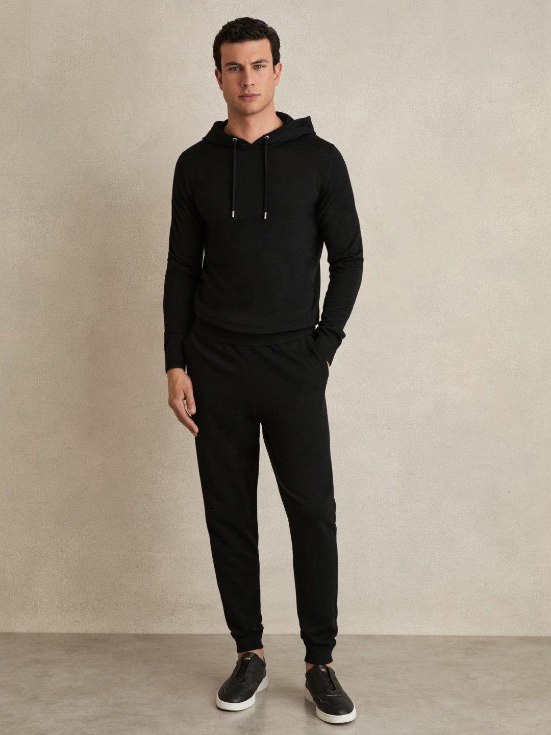 Merino Wool Drawstring Hoodie in Black | Reiss Men Featured