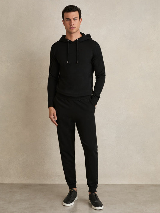 Merino Wool Drawstring Hoodie in Black | Reiss Men Featured