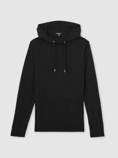 Merino Wool Drawstring Hoodie in Black | Reiss Men Featured