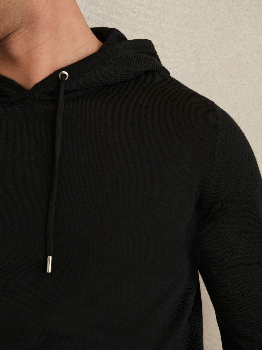Merino Wool Drawstring Hoodie in Black | Reiss Men Featured