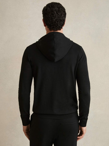 Merino Wool Drawstring Hoodie in Black | Reiss Men Featured