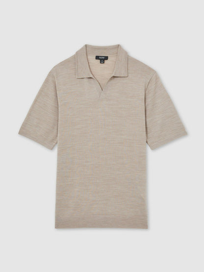 Merino Wool Open Collar Polo Shirt in Wheat Melange | Reiss Men Recommended