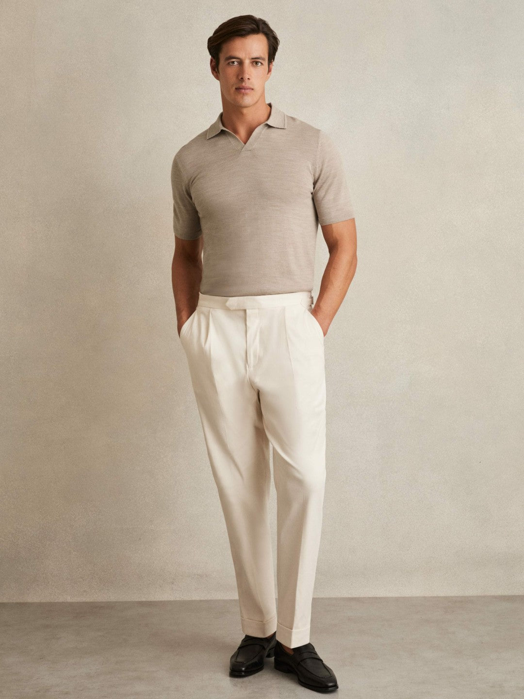 Merino Wool Open Collar Polo Shirt in Wheat Melange | Reiss Men Recommended