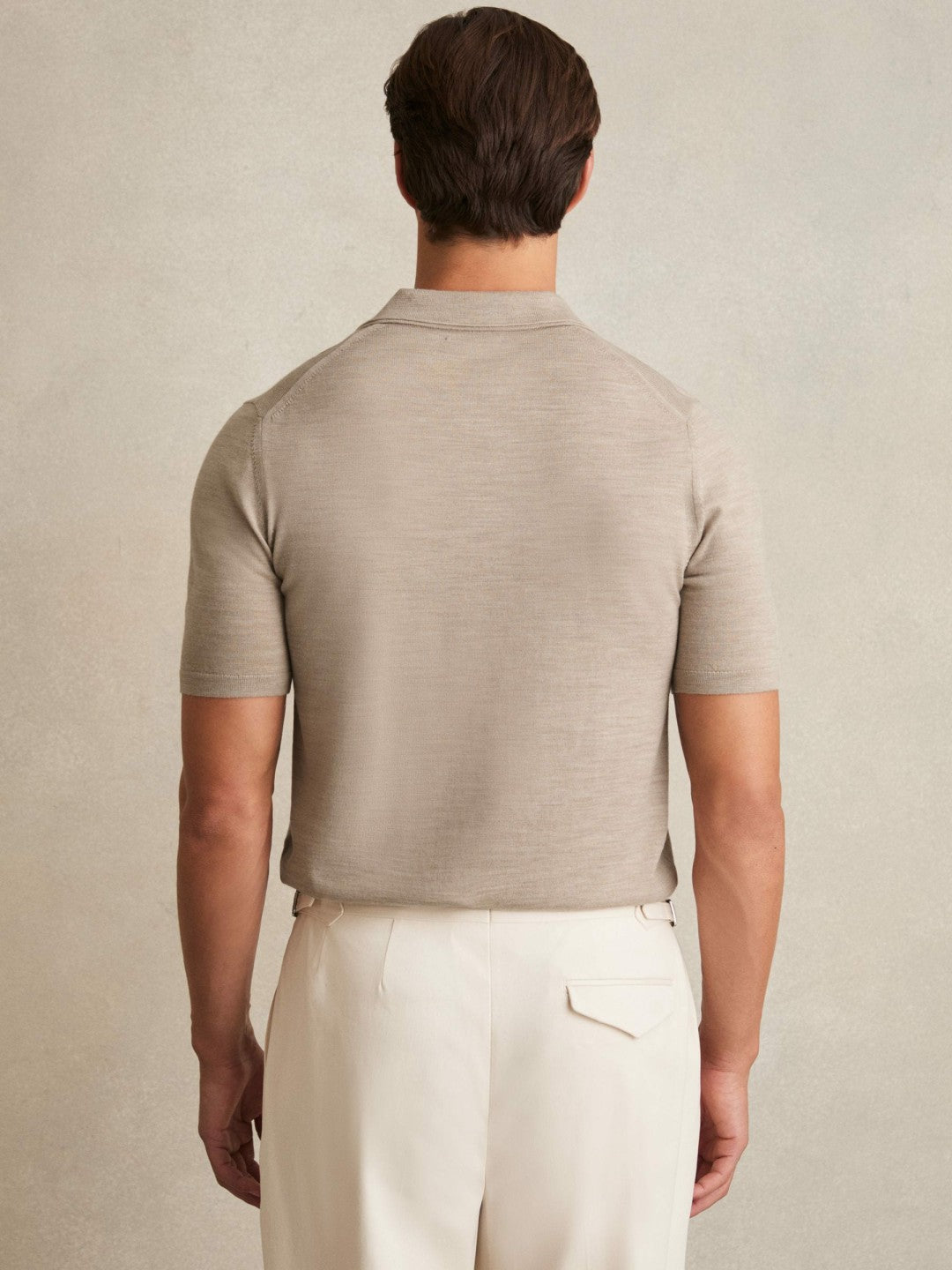 Merino Wool Open Collar Polo Shirt in Wheat Melange | Reiss Men Recommended