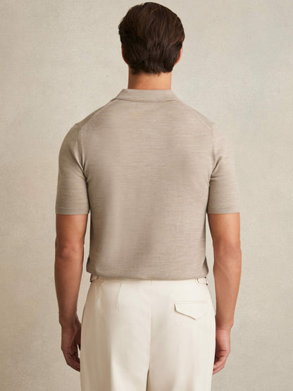 Merino Wool Open Collar Polo Shirt in Wheat Melange | Reiss Men Recommended