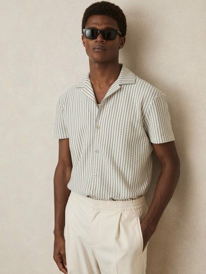 Textured-Stripe Cuban-Collar Shirt in White/Soft Blue | Reiss Men New