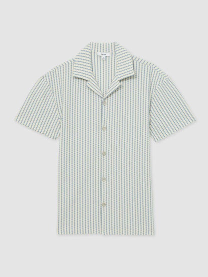 Textured-Stripe Cuban-Collar Shirt in White/Soft Blue | Reiss Men New