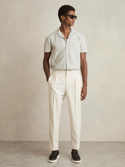 Textured-Stripe Cuban-Collar Shirt in White/Soft Blue | Reiss Men New