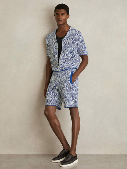Tile Pattern Knit Shorts in Blue/White | Reiss Men Signature
