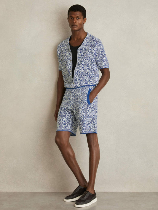 Tile Pattern Knit Shorts in Blue/White | Reiss Men Signature