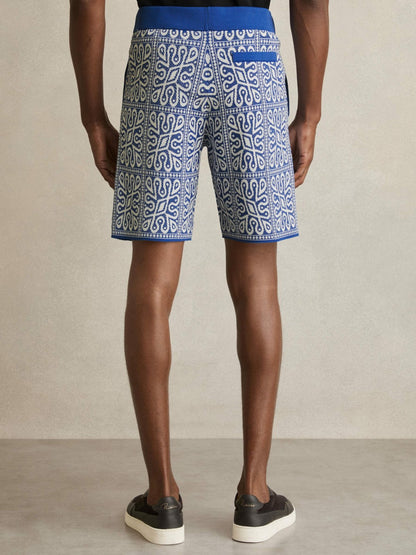 Tile Pattern Knit Shorts in Blue/White | Reiss Men Signature