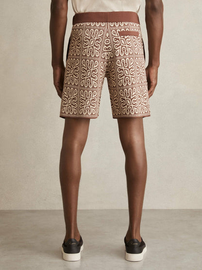 Tile Pattern Knit Shorts in Brown/White | Reiss Men Premium