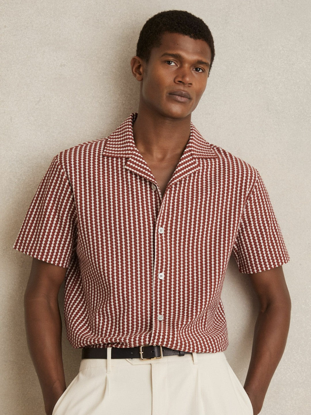 Textured-Stripe Cuban-Collar Shirt in Rust Red/White | Reiss Men Exclusive