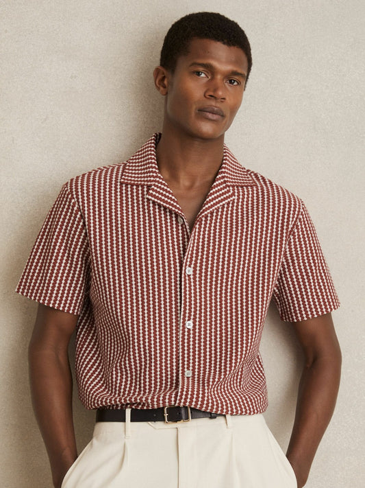 Textured-Stripe Cuban-Collar Shirt in Rust Red/White | Reiss Men Exclusive