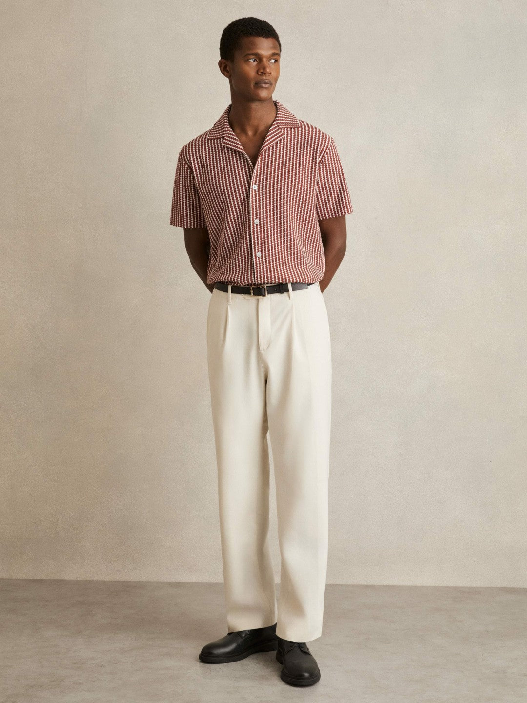 Textured-Stripe Cuban-Collar Shirt in Rust Red/White | Reiss Men Exclusive