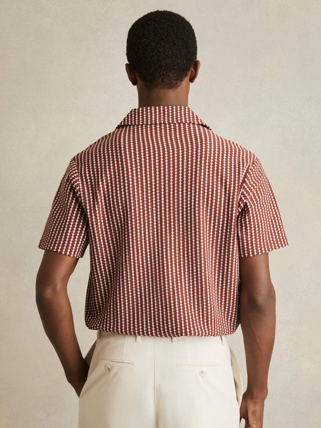 Textured-Stripe Cuban-Collar Shirt in Rust Red/White | Reiss Men Exclusive