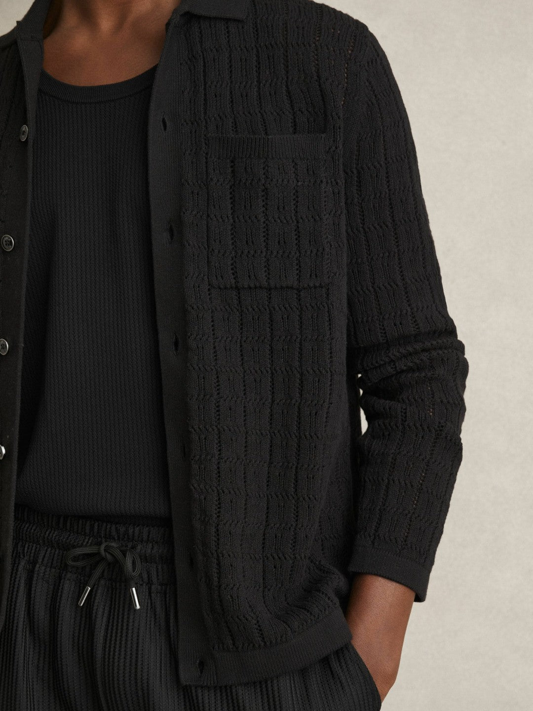 Cotton-Blend Textured Knit Shirt in Black | Reiss Men Signature