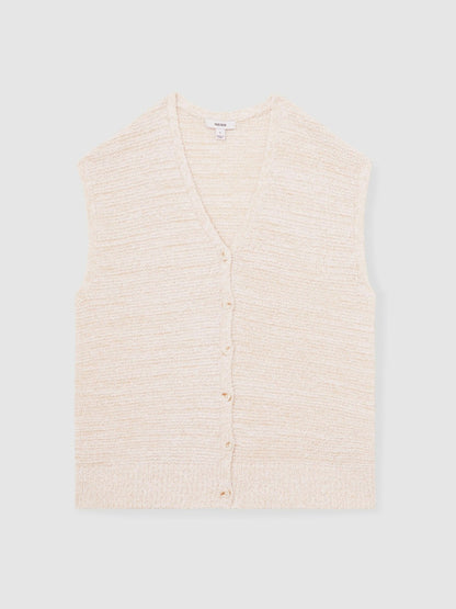 Cotton-Linen Button-Through Knit Top in Ivory | Reiss Women Premium
