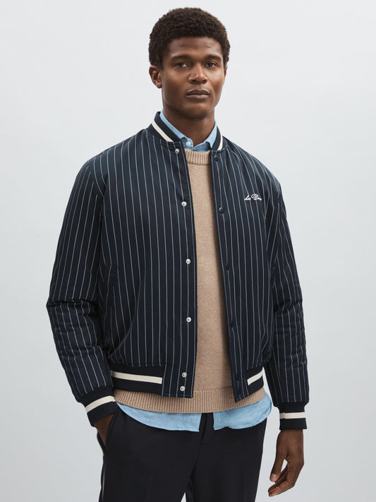 Les Deux Technical Varsity Jacket in Navy Stripe | Reiss Men Signature