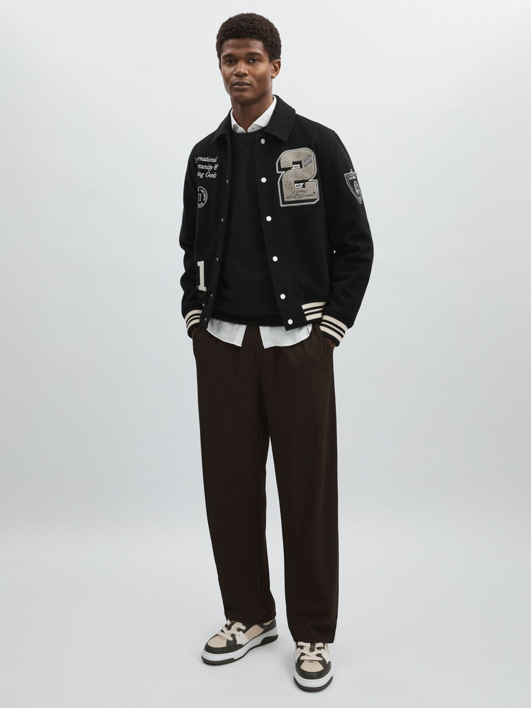 Les Deux Wool-Blend Varsity Jacket in Black | Reiss Men Exclusive