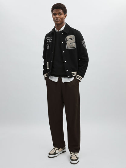 Les Deux Wool-Blend Varsity Jacket in Black | Reiss Men Exclusive
