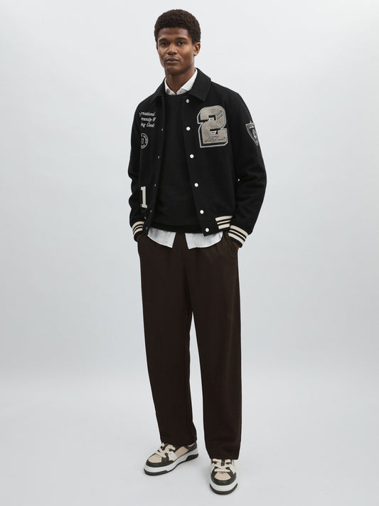 Les Deux Wool-Blend Varsity Jacket in Black | Reiss Men Exclusive