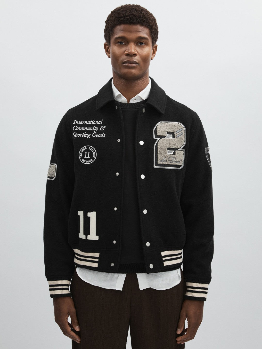 Les Deux Wool-Blend Varsity Jacket in Black | Reiss Men Exclusive
