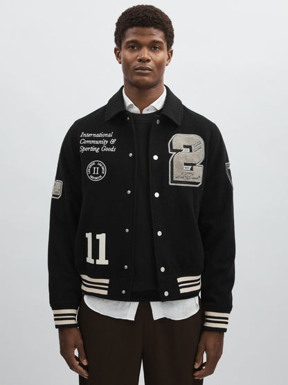 Les Deux Wool-Blend Varsity Jacket in Black | Reiss Men Exclusive