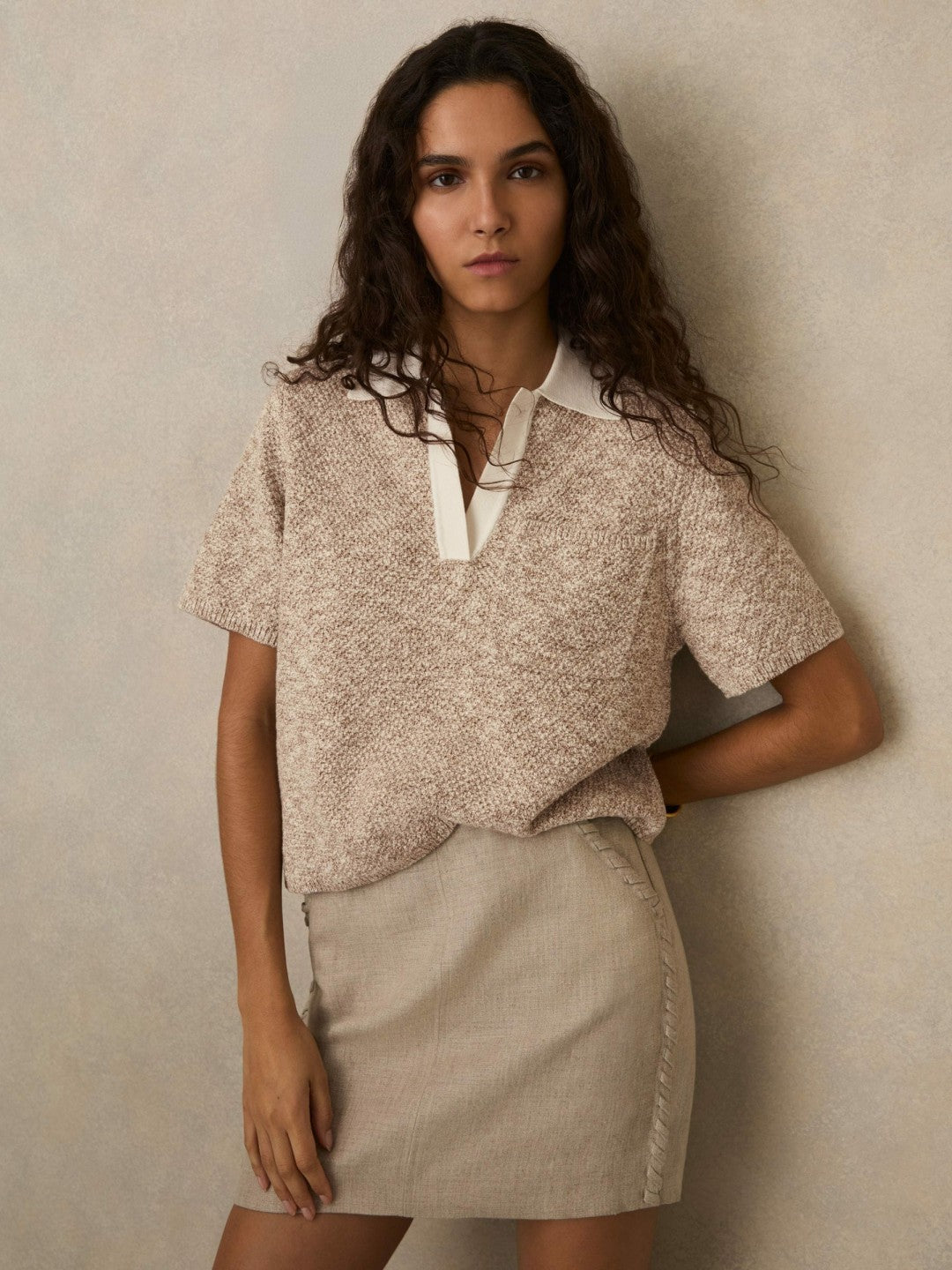 Cotton-Blend Knit Polo Shirt in Neutral | Reiss Women Premium