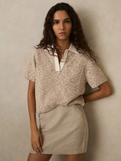 Cotton-Blend Knit Polo Shirt in Neutral | Reiss Women Premium