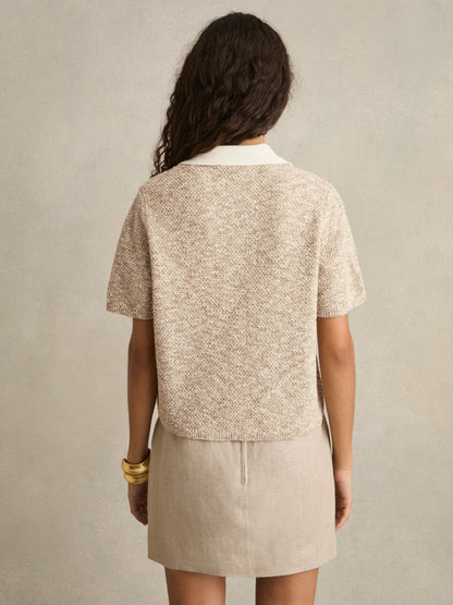 Cotton-Blend Knit Polo Shirt in Neutral | Reiss Women Premium