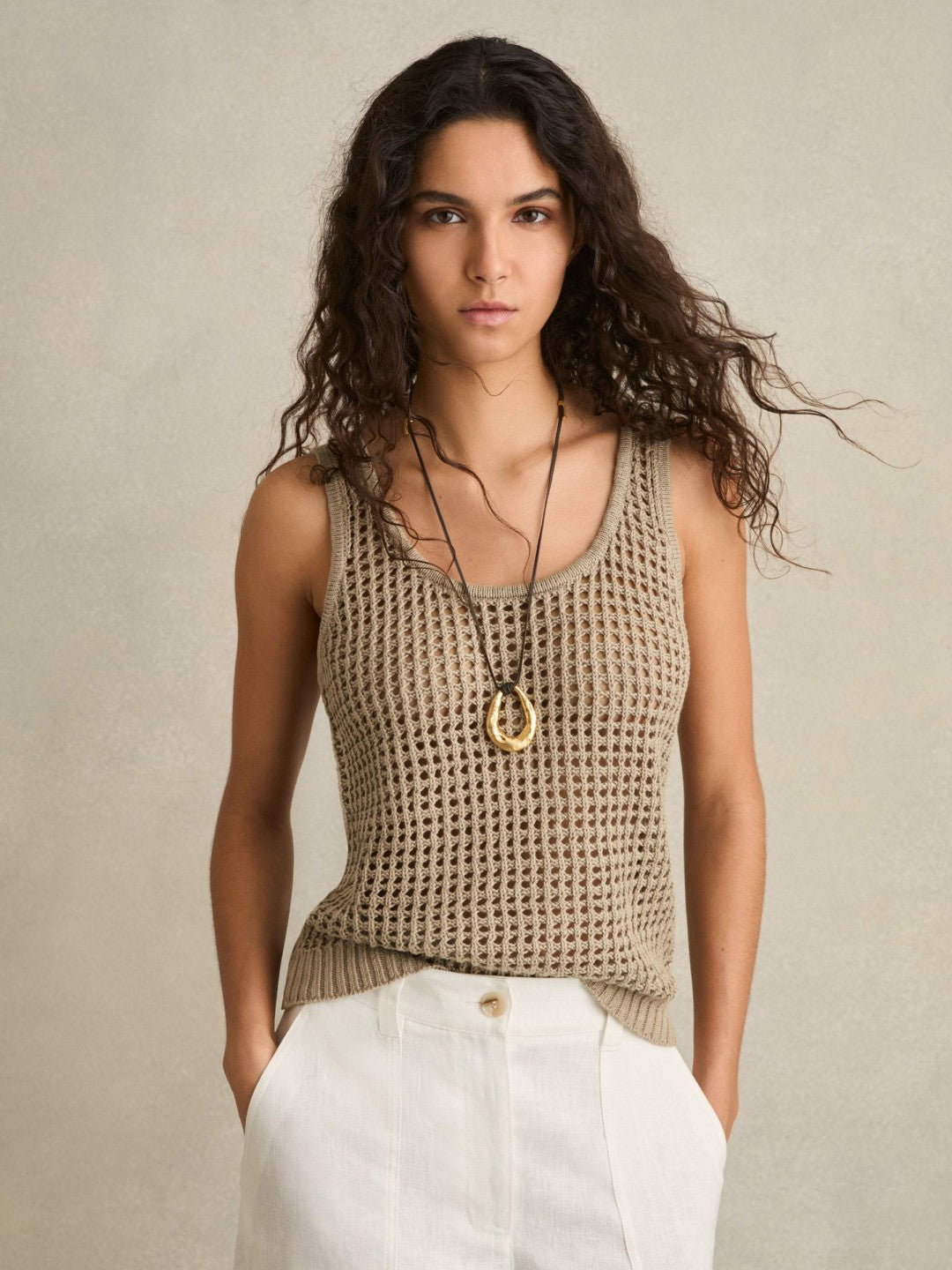 Linen Open Knit Vest in Stone | Reiss Women Popular