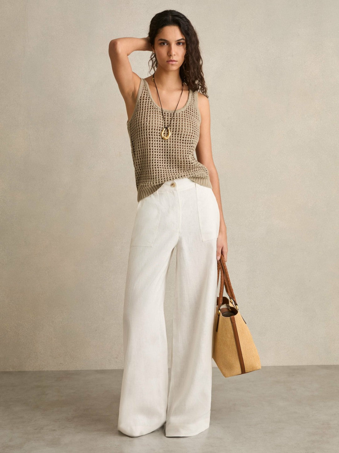 Linen Open Knit Vest in Stone | Reiss Women Popular
