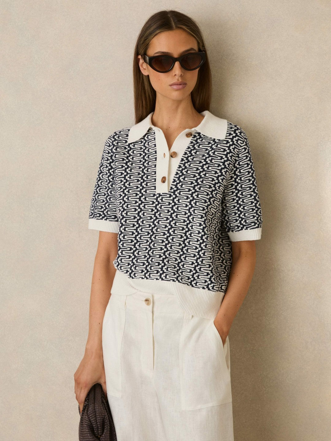 Zig-Zag Knit Polo Shirt in Blue/Ivory | Reiss Women New