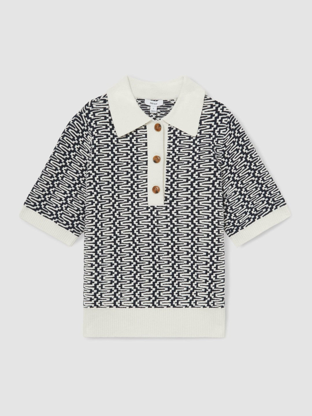 Zig-Zag Knit Polo Shirt in Blue/Ivory | Reiss Women New