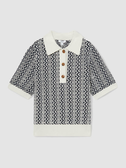 Zig-Zag Knit Polo Shirt in Blue/Ivory | Reiss Women New