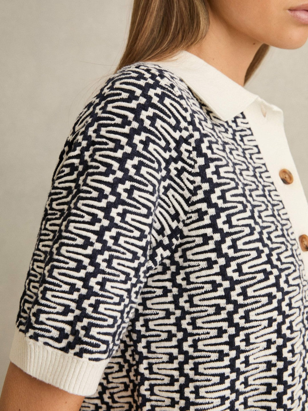 Zig-Zag Knit Polo Shirt in Blue/Ivory | Reiss Women New