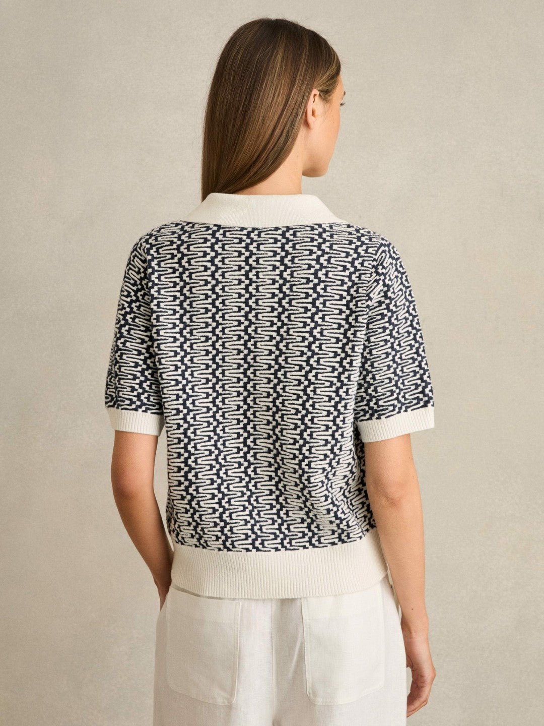 Zig-Zag Knit Polo Shirt in Blue/Ivory | Reiss Women New