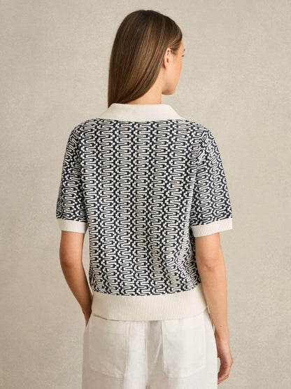 Zig-Zag Knit Polo Shirt in Blue/Ivory | Reiss Women New